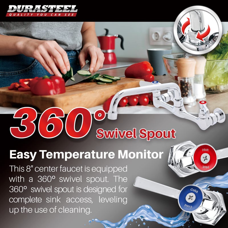 DuraSteel Commercial Sink Faucet - 8â€ Center Commercial Wall Mount Faucet Kitchen w/ 8 Inch Swivel Spout - Lever Handle - Industrial Restaurant Kitchen Utility Prep 3 Compartment Sink Mounted Faucets - Image 4